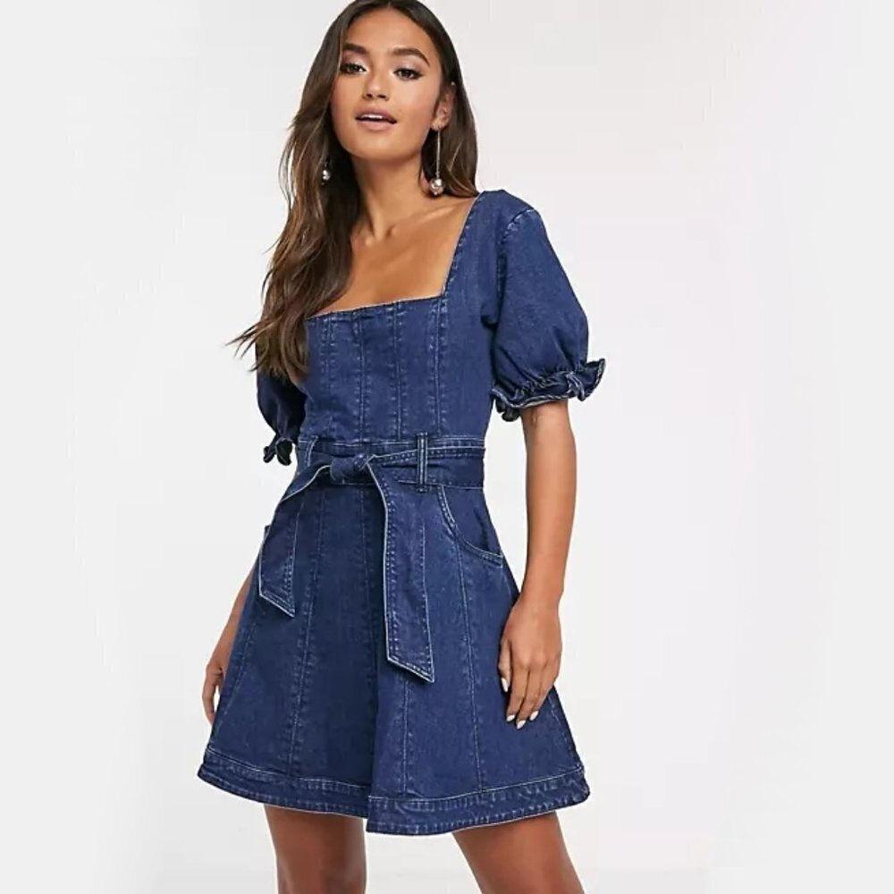 NWT Finders Keepers dark blue wash denim puff sleeve belted mini dress